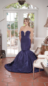 Navy Blue Moiree Haute Couture Gown