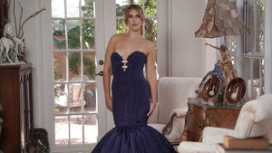 Navy Blue Moiree Haute Couture Gown