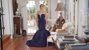 Navy Blue Moiree Haute Couture Gown