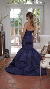 Navy Blue Moiree Haute Couture Gown